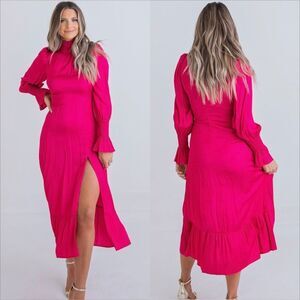 Karlie Solid Smock Neck Midi Dress Size Medium Pink Magenta NEW Satin Thigh Slit